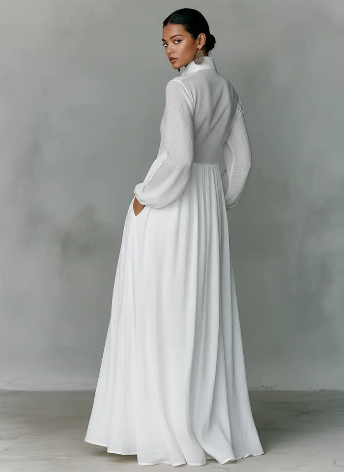 Women's Linen-Look Maxi Shirt Dress with Stand Collar and Pockets - Maisie London