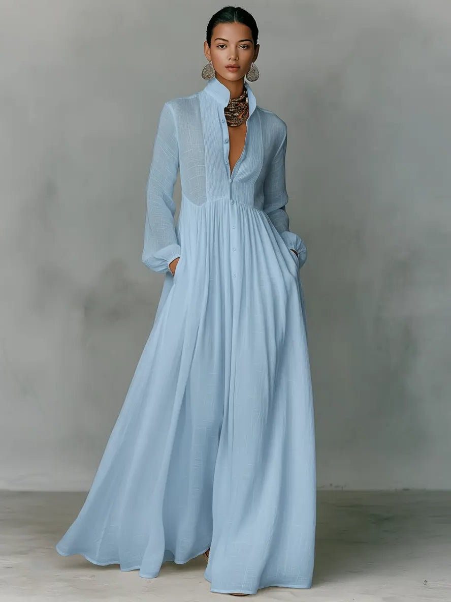 Women's Linen-Look Maxi Shirt Dress with Stand Collar and Pockets - Maisie London