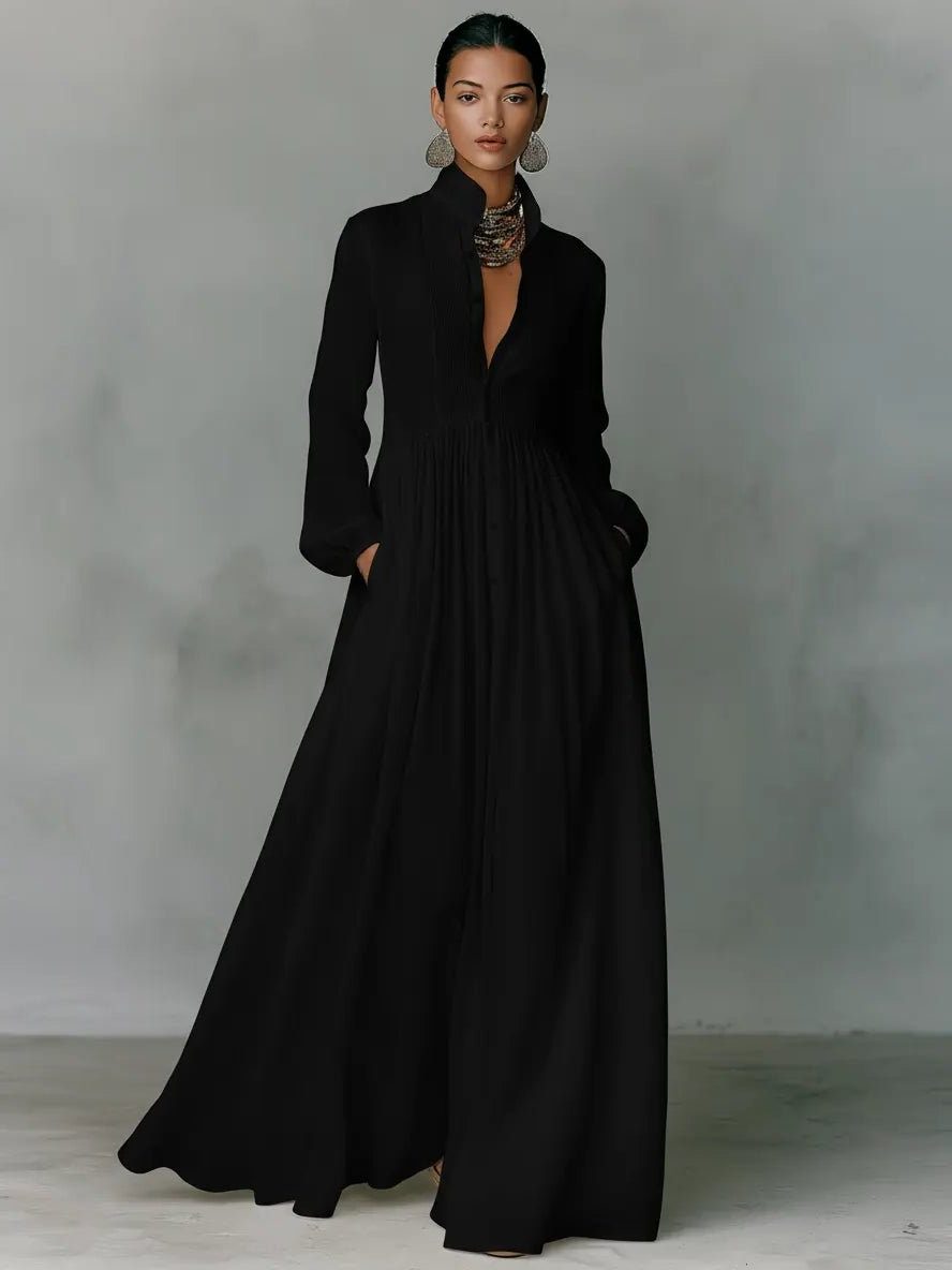 Women's Linen-Look Maxi Shirt Dress with Stand Collar and Pockets - Maisie London