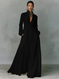 Women's Linen-Look Maxi Shirt Dress with Stand Collar and Pockets - Maisie London