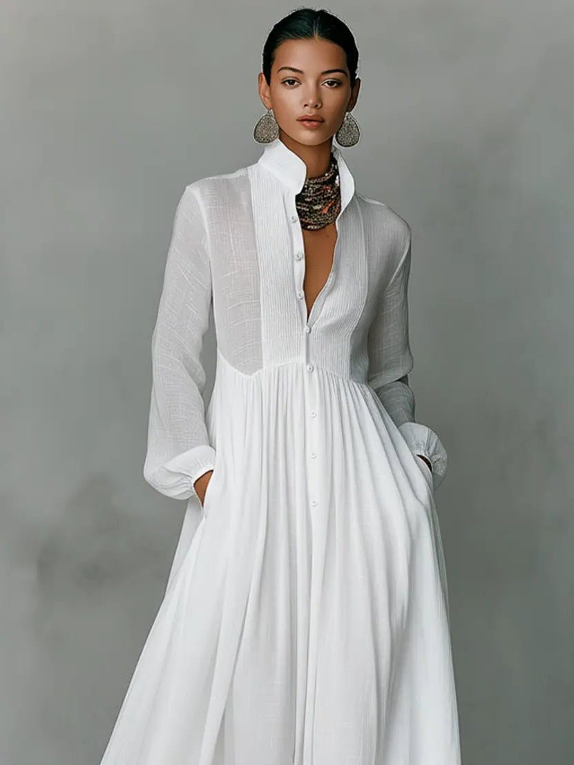 Women's Linen-Look Maxi Shirt Dress with Stand Collar and Pockets - Maisie London