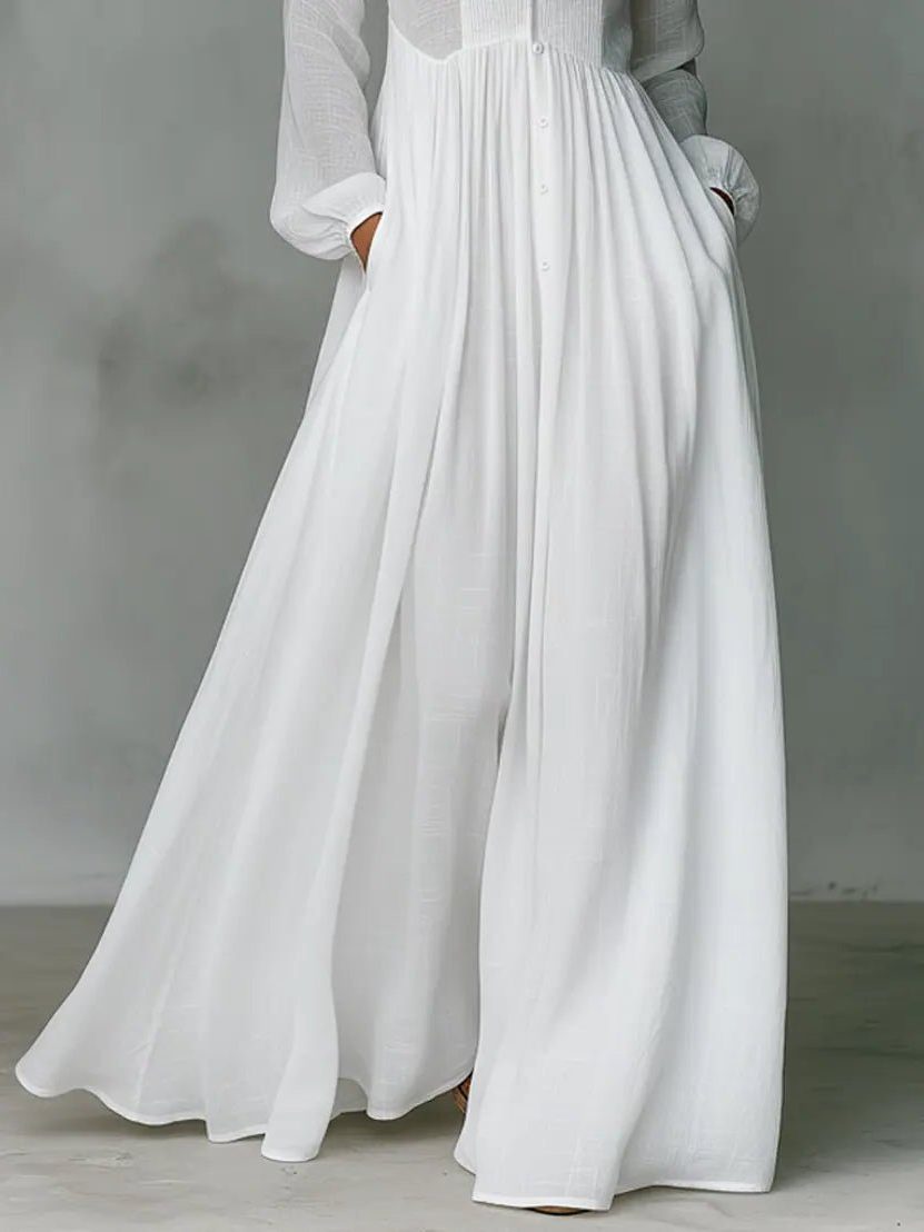 Women's Linen-Look Maxi Shirt Dress with Stand Collar and Pockets - Maisie London