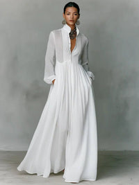 Women's Linen-Look Maxi Shirt Dress with Stand Collar and Pockets - Maisie London