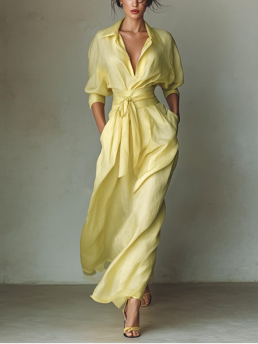 Women's Yellow Linen-Look Maxi Shirt Dress with Tie Waist - Maisie London