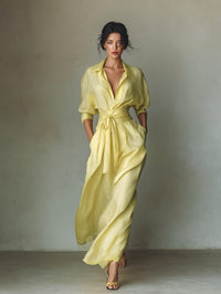 Women's Yellow Linen-Look Maxi Shirt Dress with Tie Waist - Maisie London