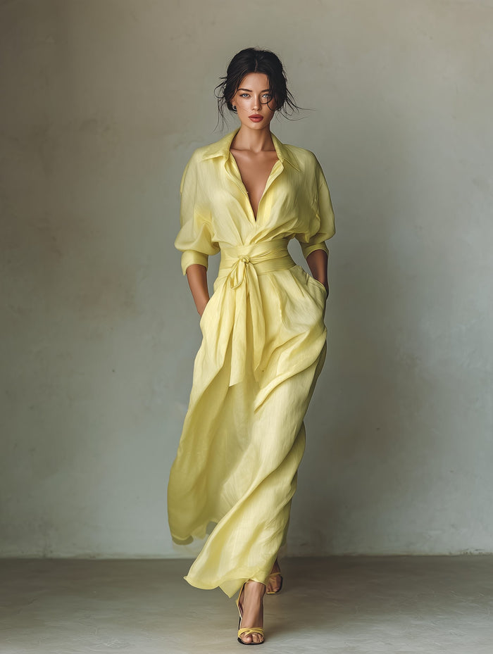 Women's Yellow Linen-Look Maxi Shirt Dress with Tie Waist - Maisie London