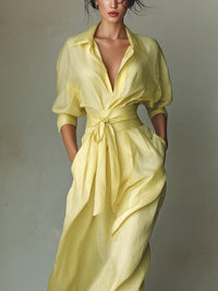 Women's Yellow Linen-Look Maxi Shirt Dress with Tie Waist - Maisie London