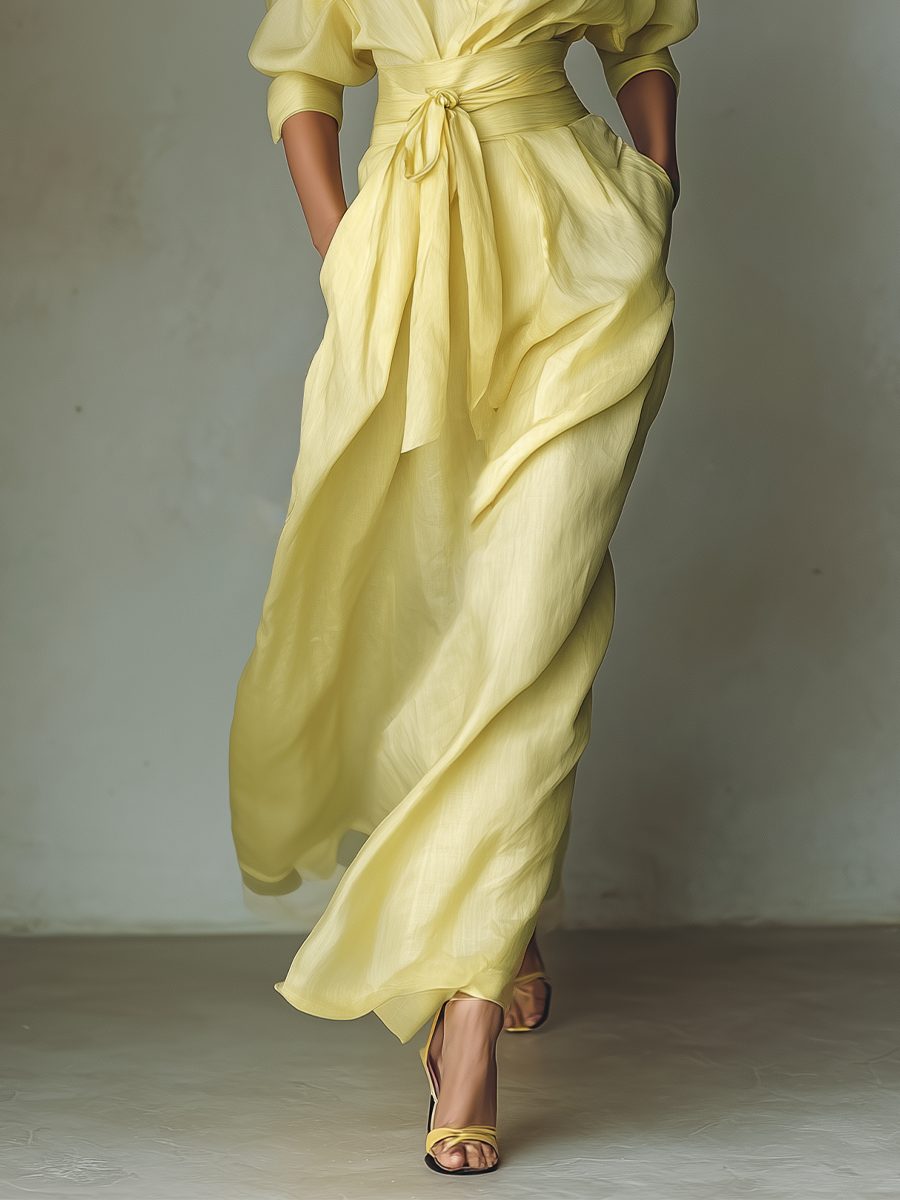 Women's Yellow Linen-Look Maxi Shirt Dress with Tie Waist - Maisie London