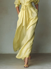 Women's Yellow Linen-Look Maxi Shirt Dress with Tie Waist - Maisie London