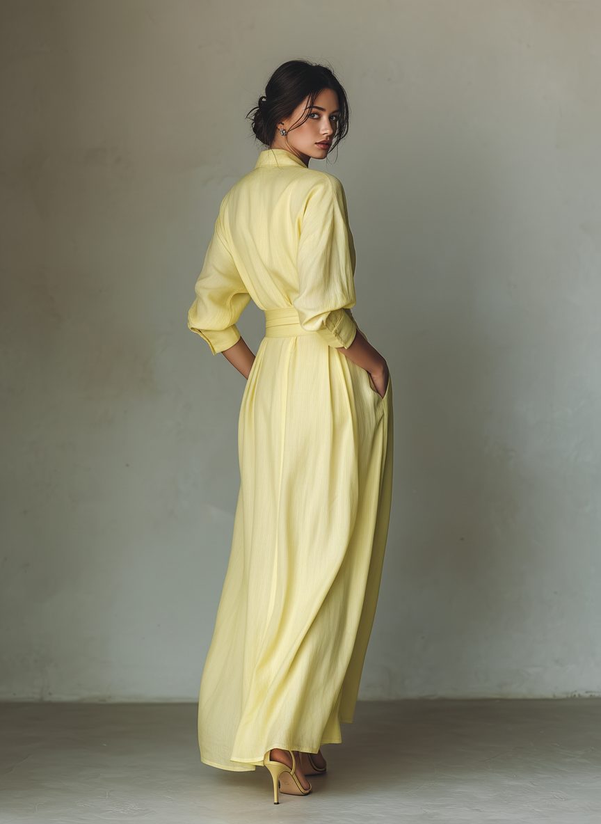 Women's Yellow Linen-Look Maxi Shirt Dress with Tie Waist - Maisie London