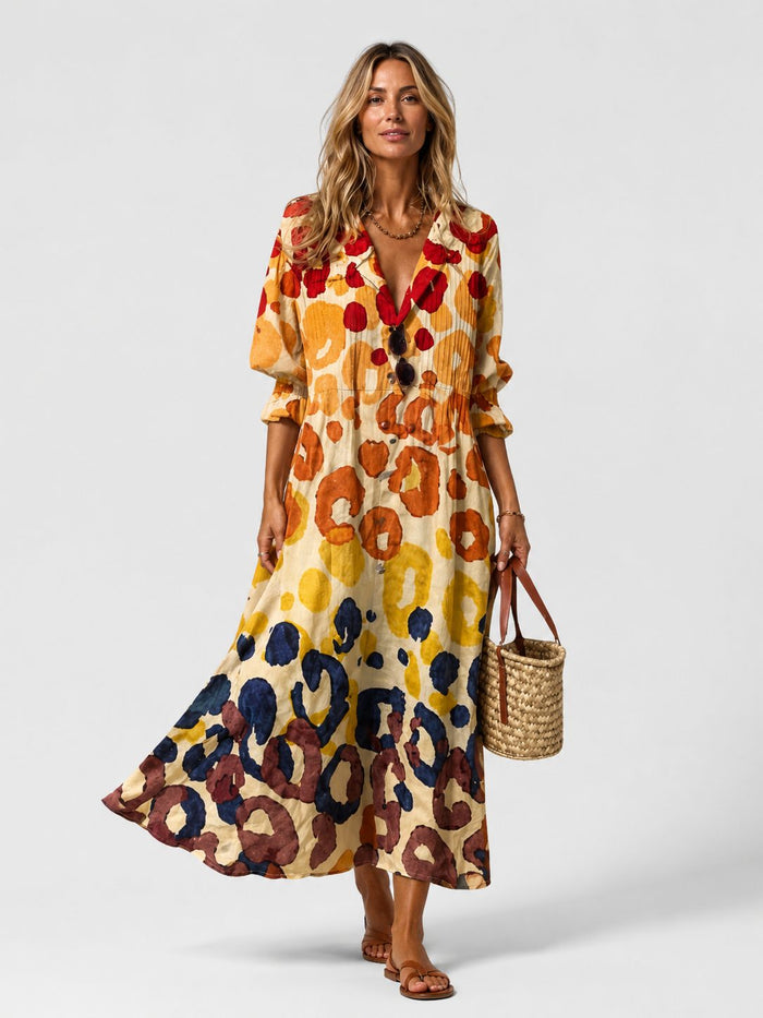 Women's Printed Maxi Shirt Dress with V-Neck and Frill Cuffs - Maisie London