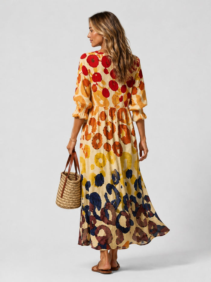 Women's Printed Maxi Shirt Dress with V-Neck and Frill Cuffs - Maisie London
