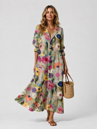 Women's Printed Maxi Shirt Dress with V-Neck and Frill Cuffs - Maisie London