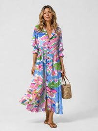 Women's Printed Maxi Shirt Dress with V-Neck and Frill Cuffs - Maisie London