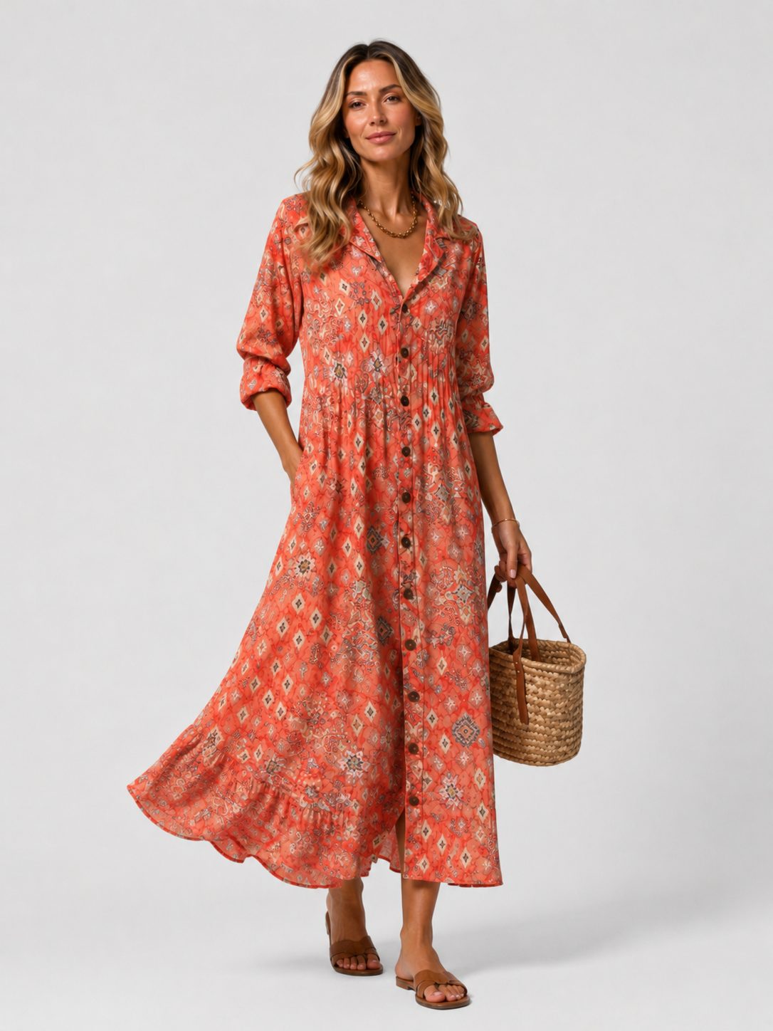 Women's Printed Maxi Shirt Dress with V-Neck and Frill Cuffs - Maisie London