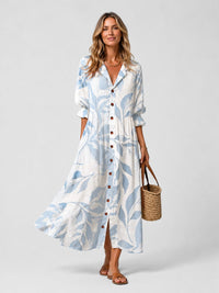 Women's Printed Maxi Shirt Dress with V-Neck and Frill Cuffs - Maisie London