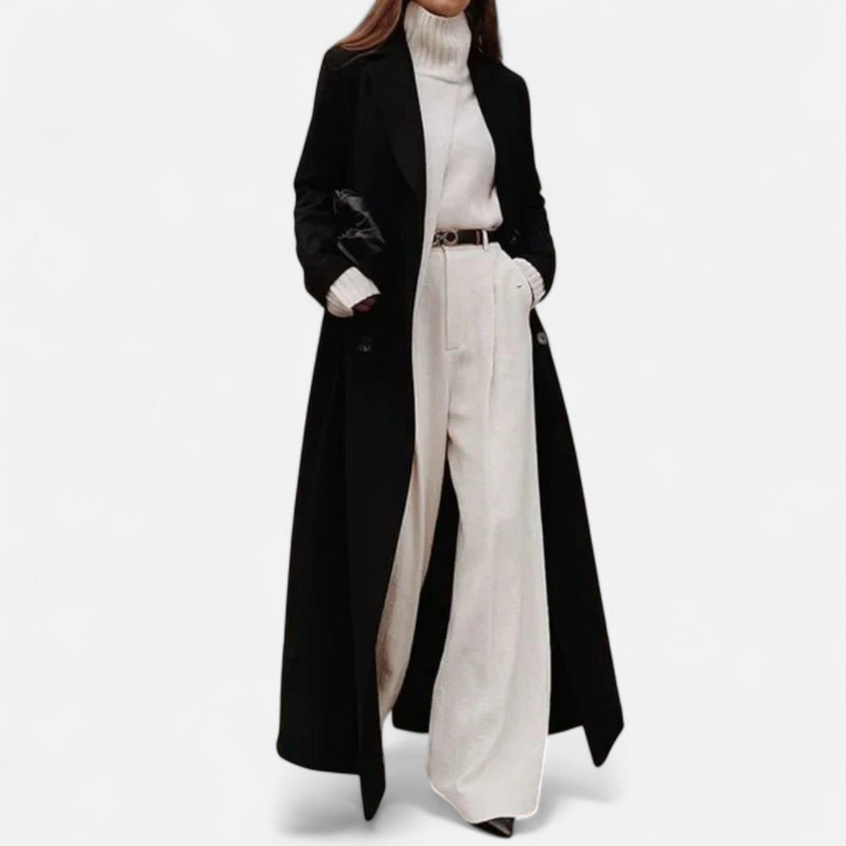Women's Black Wool-Look Maxi Coat with Notch Lapels and Buttons - Maisie London