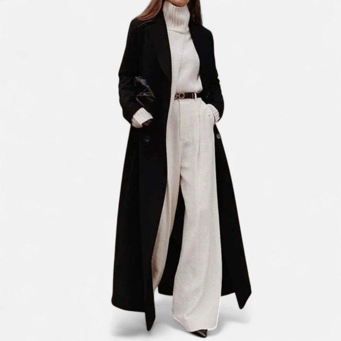Women's Black Wool-Look Maxi Coat with Notch Lapels and Buttons - Maisie London