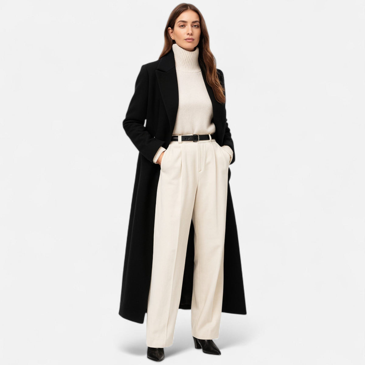 Women's Black Wool-Look Maxi Coat with Notch Lapels and Buttons - Maisie London