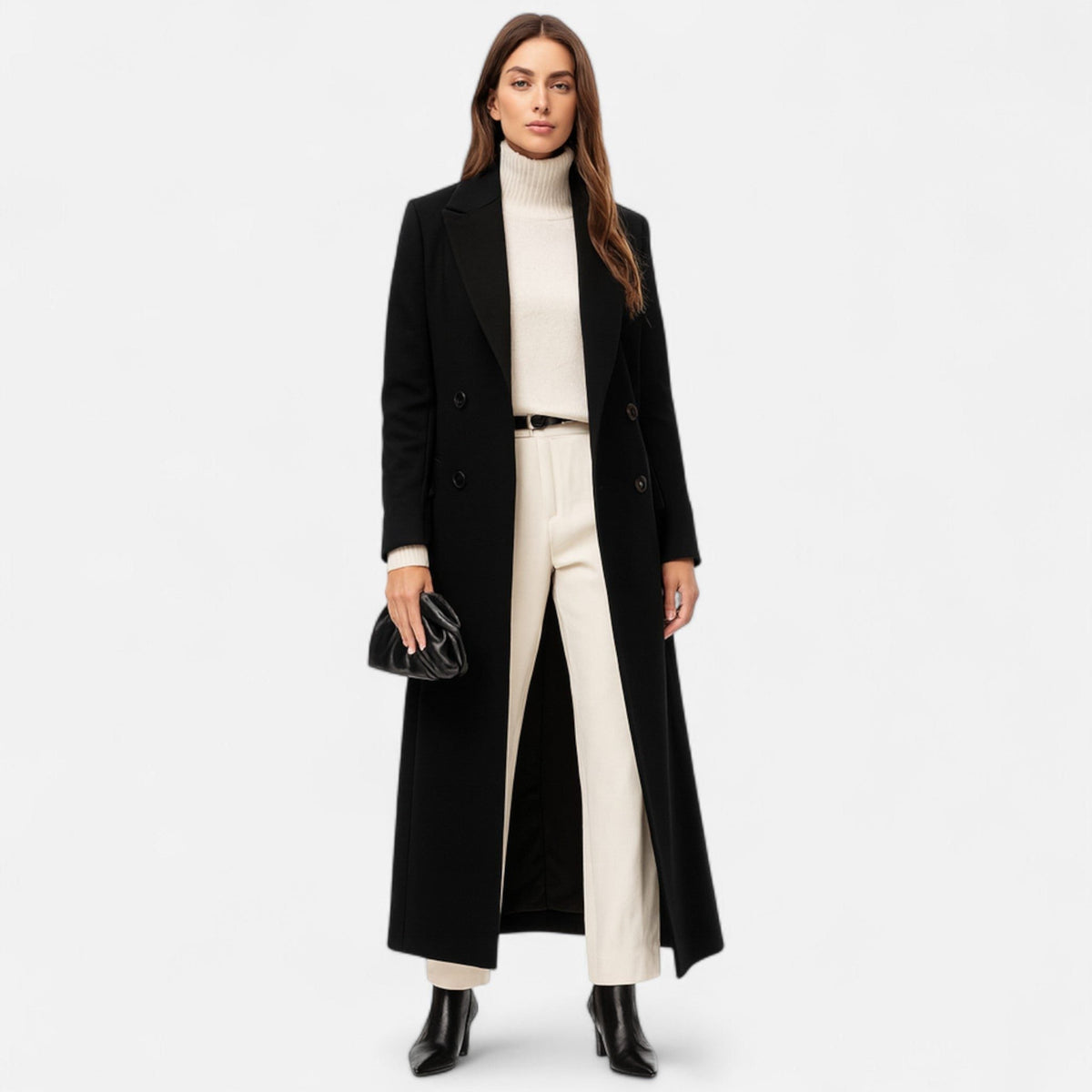 Women's Black Wool-Look Maxi Coat with Notch Lapels and Buttons - Maisie London