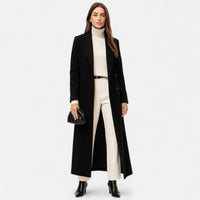 Women's Black Wool-Look Maxi Coat with Notch Lapels and Buttons - Maisie London