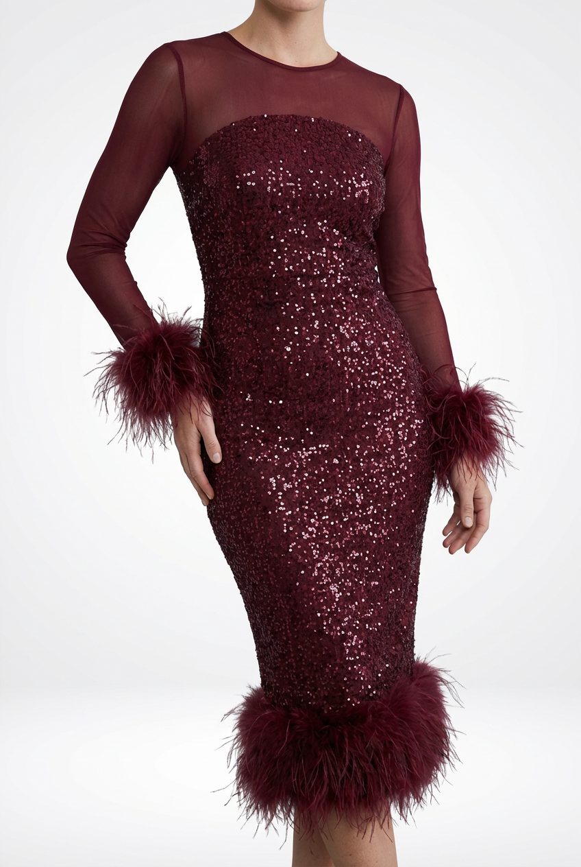 Women's Sequin Midi Dress with Feather Trim and Sheer Sleeves - Maisie London