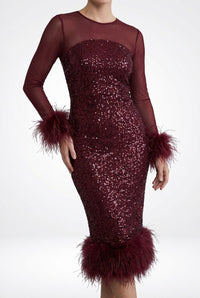 Women's Sequin Midi Dress with Feather Trim and Sheer Sleeves - Maisie London