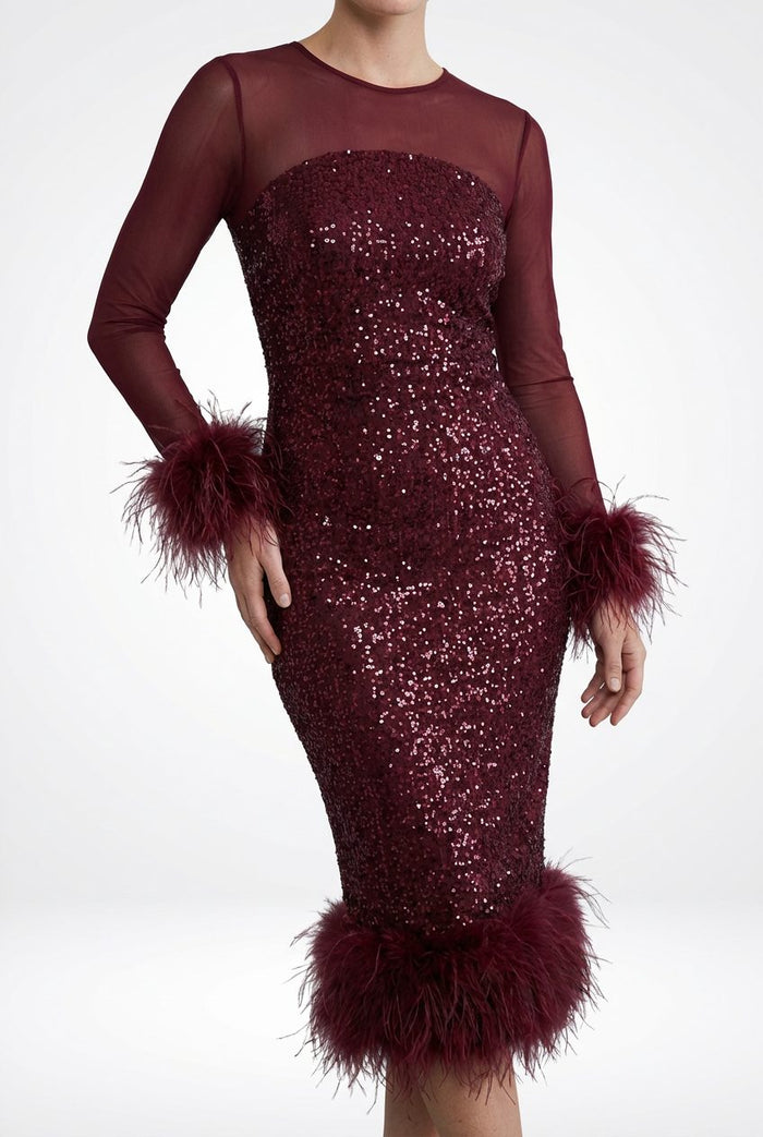 Women's Sequin Midi Dress with Feather Trim and Sheer Sleeves - Maisie London
