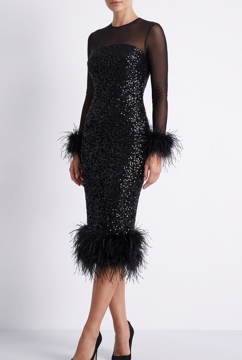 Women's Sequin Midi Dress with Feather Trim and Sheer Sleeves - Maisie London