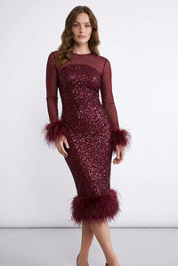 Women's Sequin Midi Dress with Feather Trim and Sheer Sleeves - Maisie London