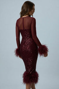 Women's Sequin Midi Dress with Feather Trim and Sheer Sleeves - Maisie London