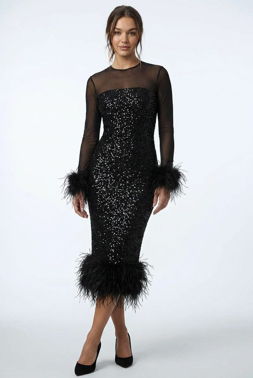 Women's Sequin Midi Dress with Feather Trim and Sheer Sleeves - Maisie London