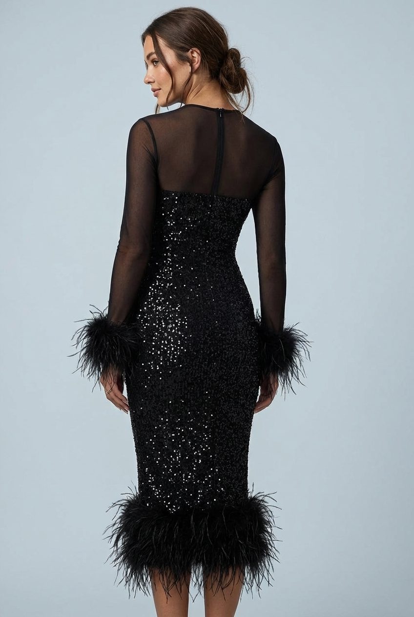 Women's Sequin Midi Dress with Feather Trim and Sheer Sleeves - Maisie London