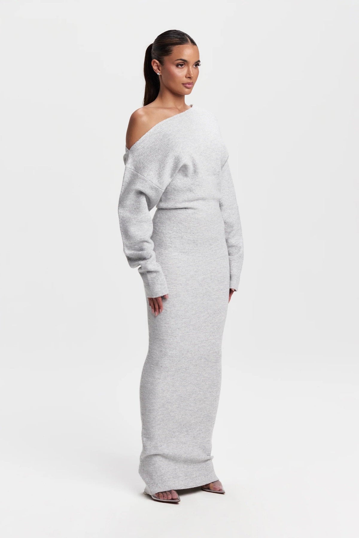 Women's Knitted Off-Shoulder Maxi Dress with Long Sleeves - Maisie London