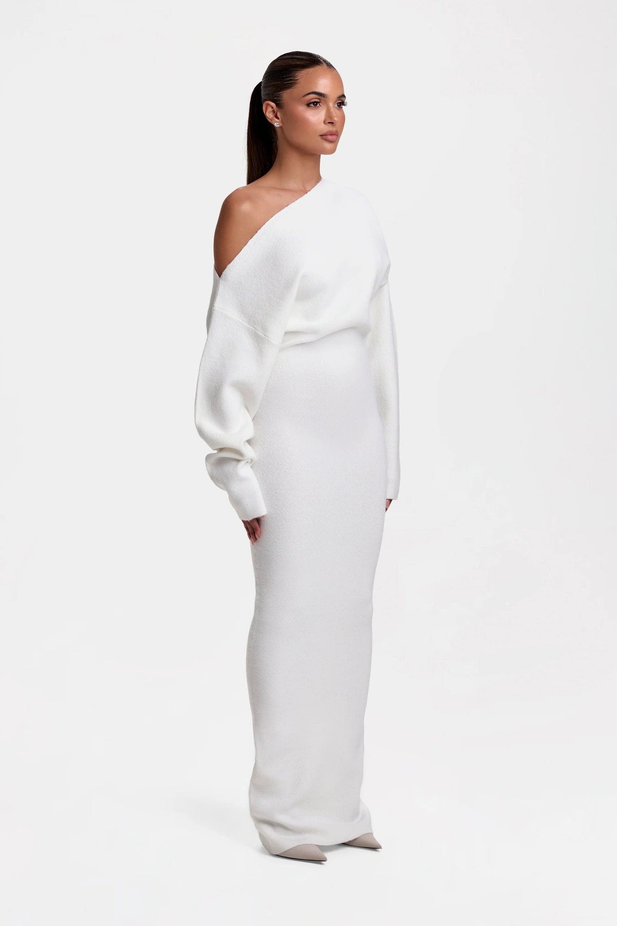 Women's Knitted Off-Shoulder Maxi Dress with Long Sleeves - Maisie London