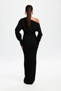 Women's Knitted Off-Shoulder Maxi Dress with Long Sleeves - Maisie London