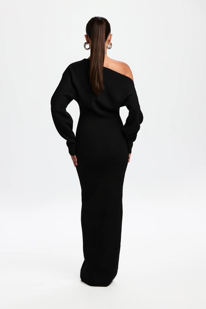 Women's Knitted Off-Shoulder Maxi Dress with Long Sleeves - Maisie London