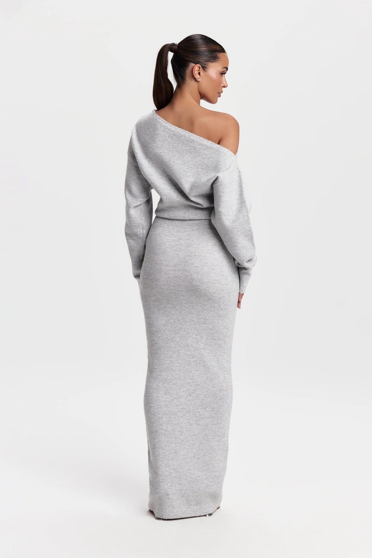 Women's Knitted Off-Shoulder Maxi Dress with Long Sleeves - Maisie London