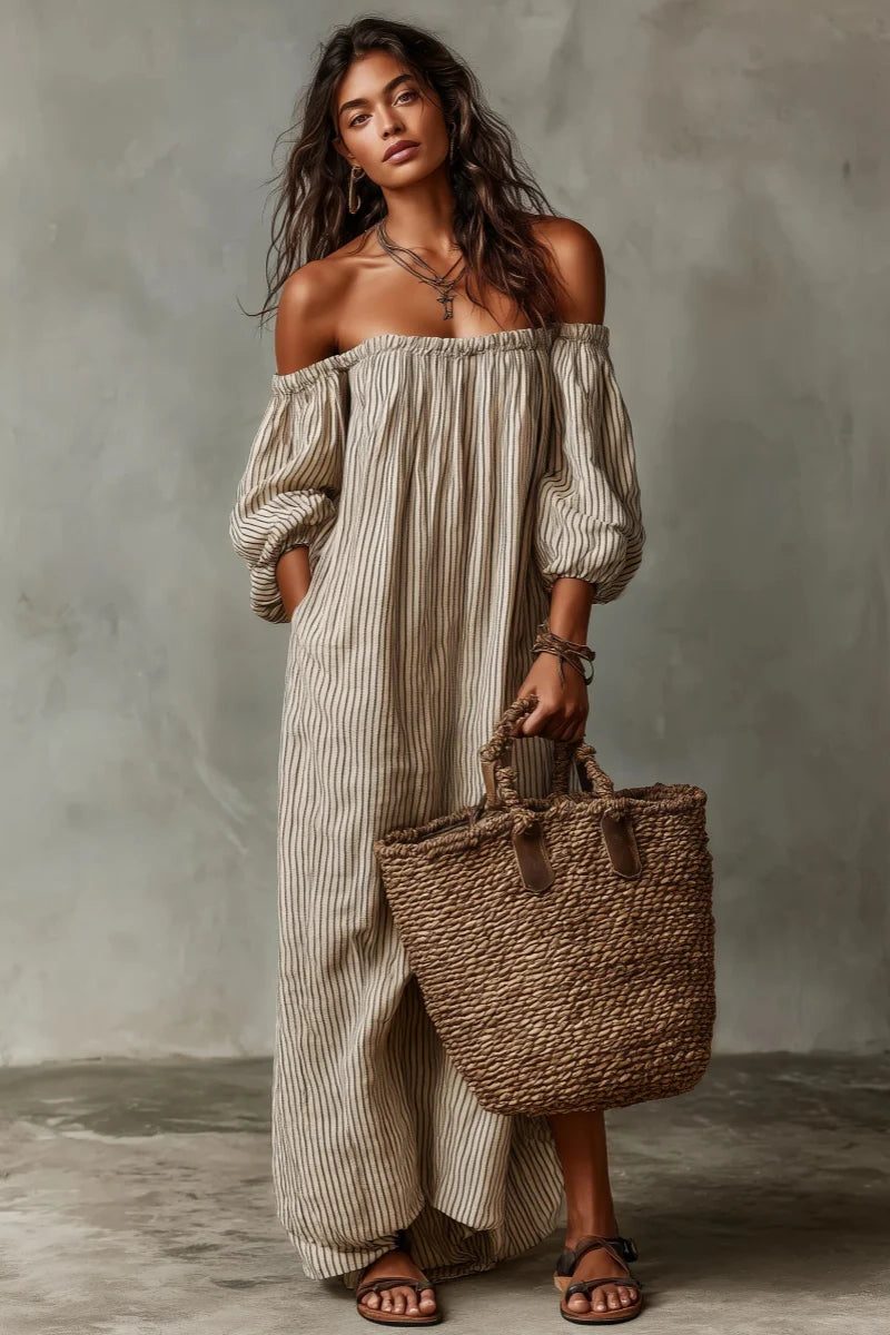 Women's Stripe Linen-Look Off-Shoulder Maxi Dress with Puff Sleeves - Maisie London