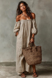 Women's Stripe Linen-Look Off-Shoulder Maxi Dress with Puff Sleeves - Maisie London