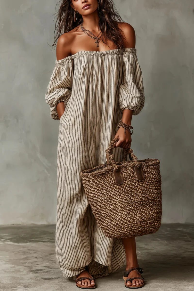 Women's Stripe Linen-Look Off-Shoulder Maxi Dress with Puff Sleeves - Maisie London