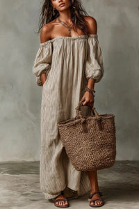 Women's Stripe Linen-Look Off-Shoulder Maxi Dress with Puff Sleeves - Maisie London