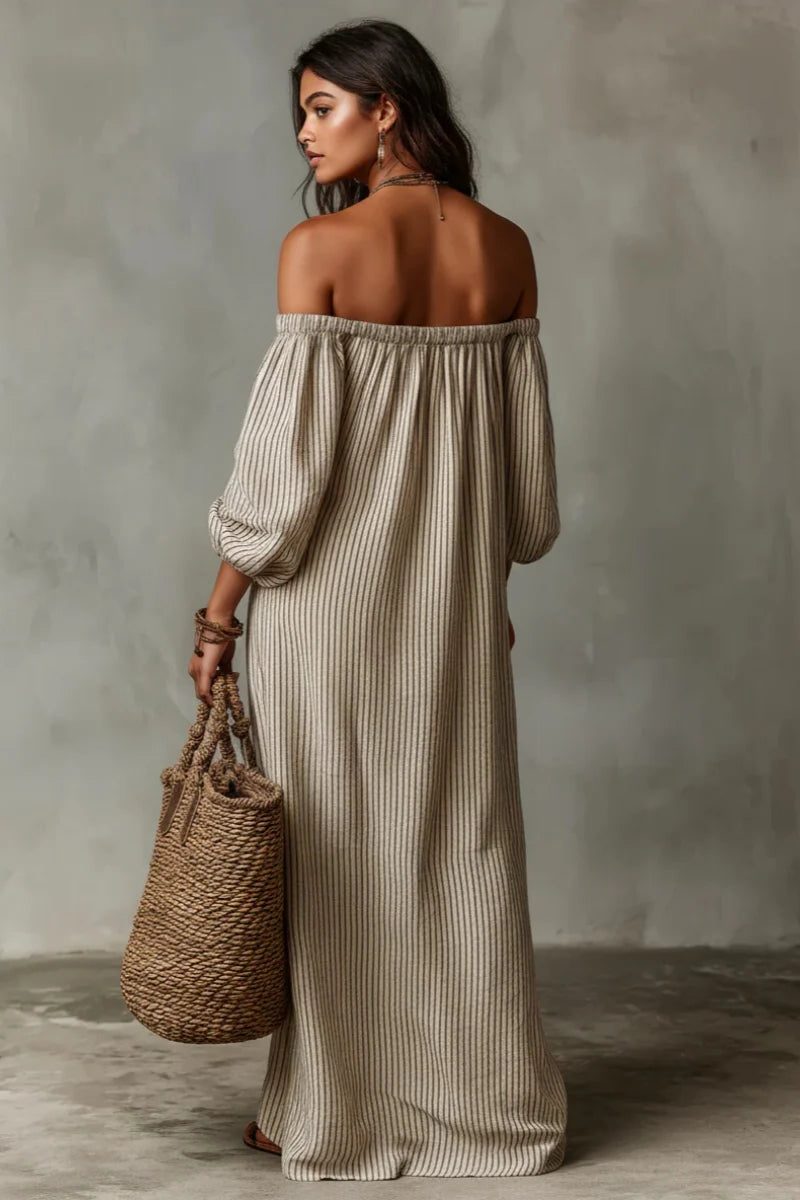 Women's Stripe Linen-Look Off-Shoulder Maxi Dress with Puff Sleeves - Maisie London