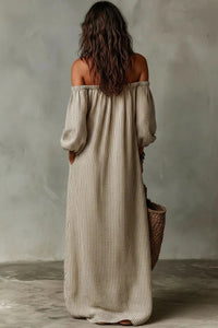 Women's Stripe Linen-Look Off-Shoulder Maxi Dress with Puff Sleeves - Maisie London