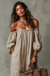 Women's Stripe Linen-Look Off-Shoulder Maxi Dress with Puff Sleeves - Maisie London