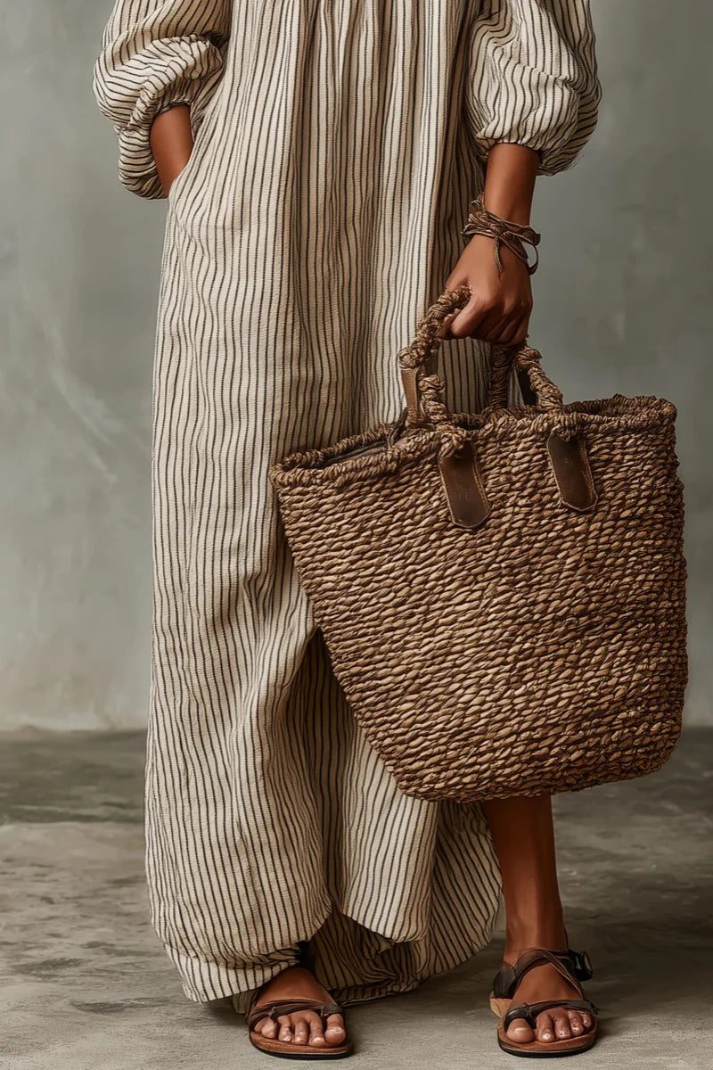 Women's Stripe Linen-Look Off-Shoulder Maxi Dress with Puff Sleeves - Maisie London