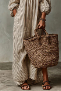 Women's Stripe Linen-Look Off-Shoulder Maxi Dress with Puff Sleeves - Maisie London