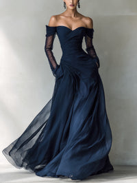Women's Dark Blue Chiffon Maxi Dress with Off-Shoulder Sweetheart Neck - Maisie London