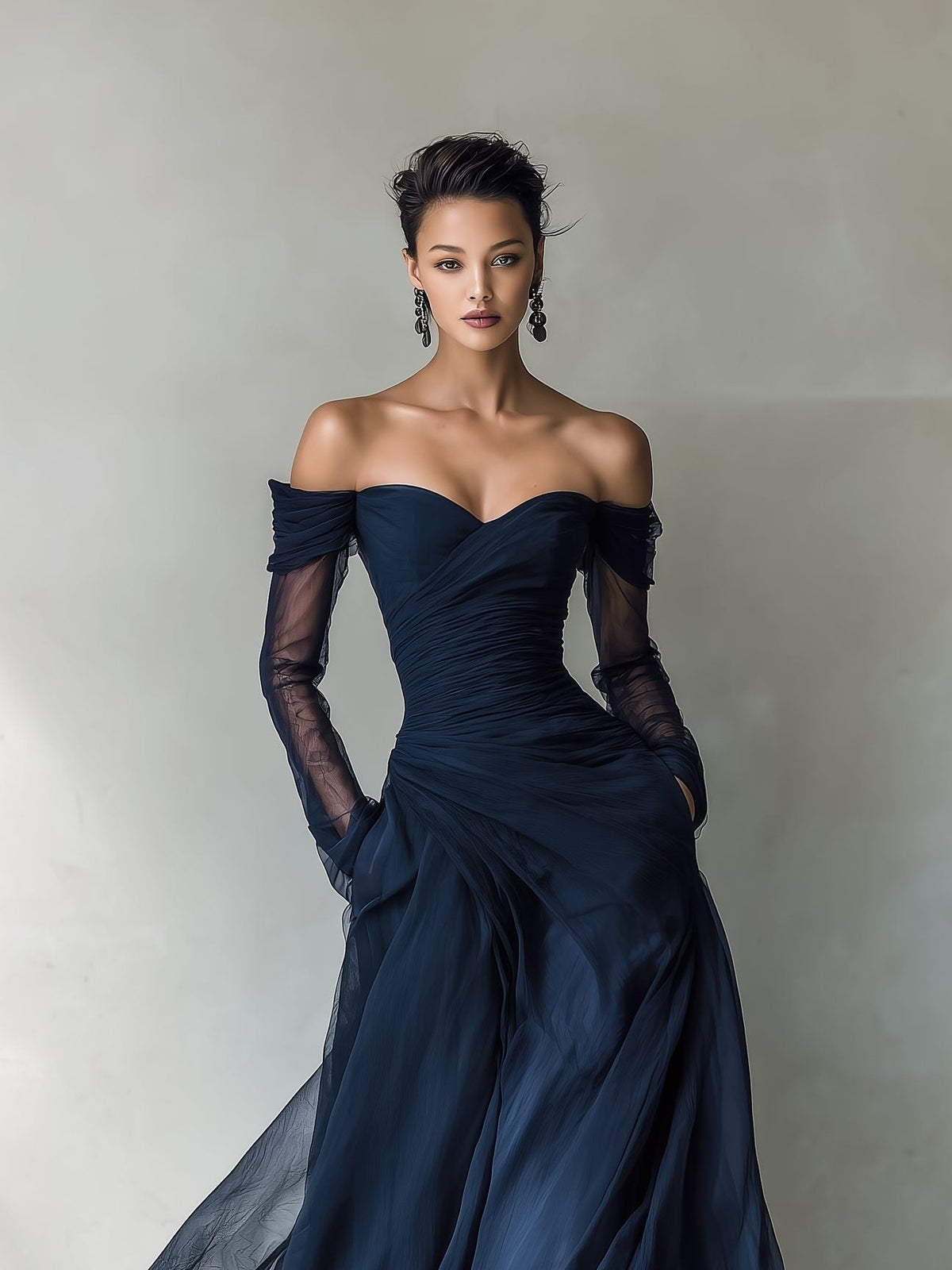 Women's Dark Blue Chiffon Maxi Dress with Off-Shoulder Sweetheart Neck - Maisie London