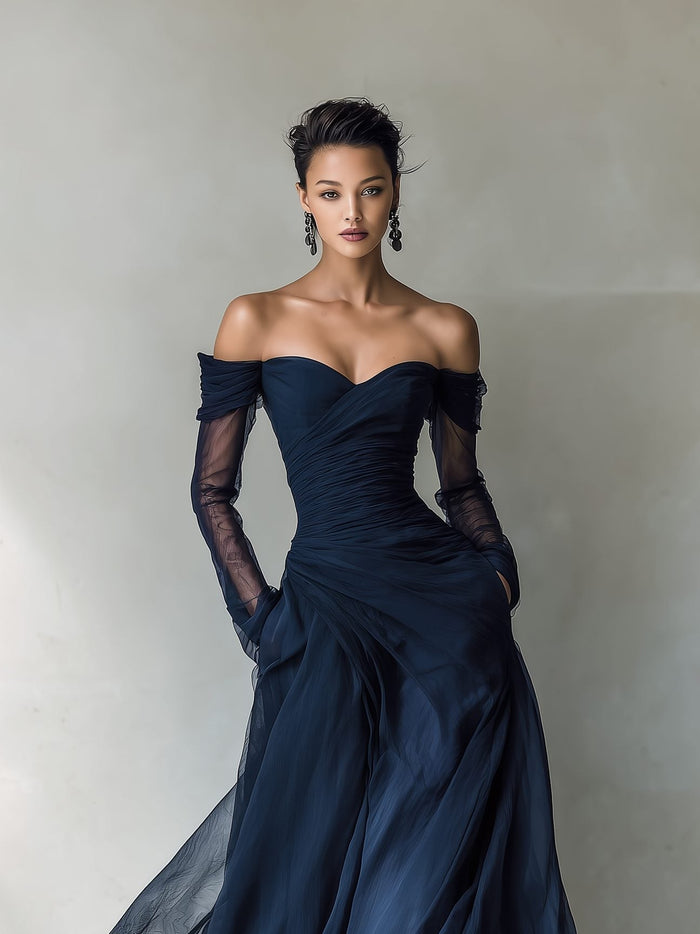 Women's Dark Blue Chiffon Maxi Dress with Off-Shoulder Sweetheart Neck - Maisie London